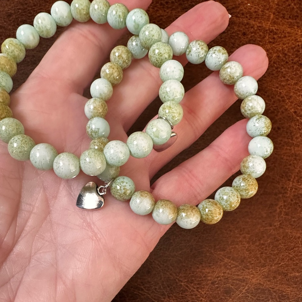 Green Beaded stretch Bracelets with Heart Charm